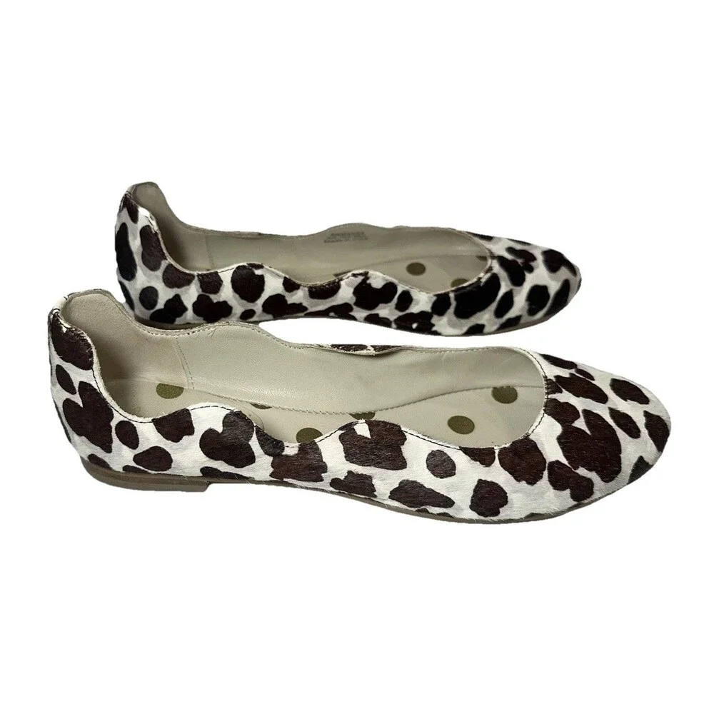 Boden Calf Hair Leopard Print Ballet Flats Scalloped Brown Women 38.5 US 7.5